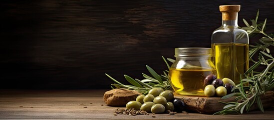 Wall Mural - Olives and olive oil on wooden table with rosemary