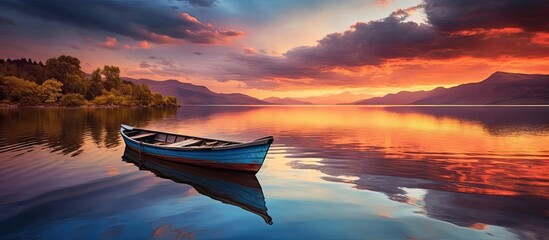 Canvas Print - Boat on a lake with a beautiful sunset