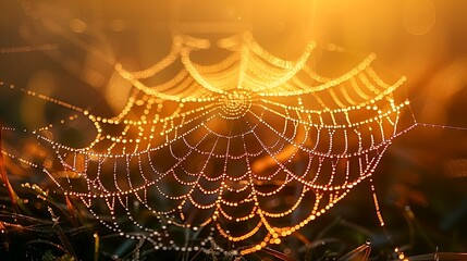 Spider web with a lot of raindrops on it. The web is orange and yellow