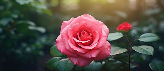 Poster - Pink rose with glistening water droplets