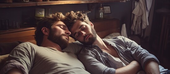 Wall Mural - Two men peacefully sleeping on bed with eyes closed