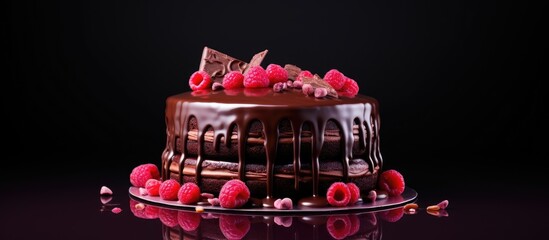 Sticker - Close up of decadent chocolate cake with fresh raspberries