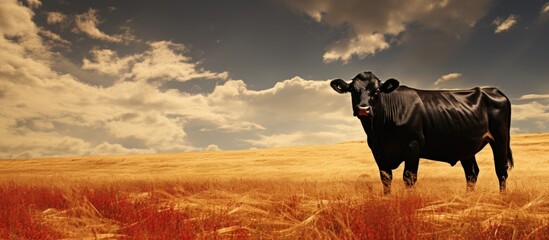 Poster - black cow in tall grass field
