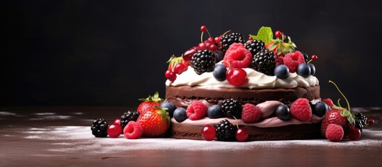 Wall Mural - Delicious cake topped with berries and cream