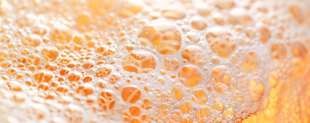 Wall Mural - A close-up view of the delicate, translucent bubbles in beer, capturing the effervescent sparkle and the warm amber hues of a freshly poured brew.