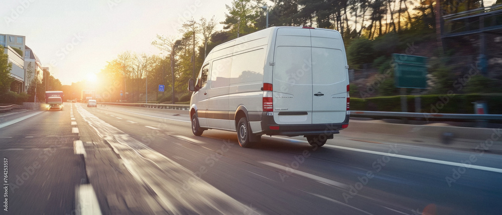 Bus Parcel Delivery shipment cargo courier van moving on road. Business ...