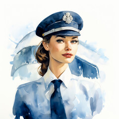 Wall Mural - A beautiful stewardess in uniform against the background of an airplane. Watercolor illustration.