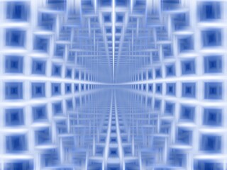 Poster - Blue and white background with symmetrical pattern, square and rectangular geometric shapes and effect of rays in motion, blur, lines, waves, depth, space and infinity - abstract graphic.
