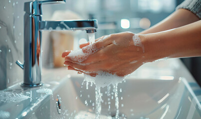 Wall Mural - Person washing hands with soap and water in a modern sink for hygiene and health