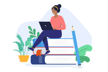 Poster - Woman learning and education - Female student sitting on stack of books using laptop computer studying online while smiling and being happy. School work and knowledge concept in flat design vector