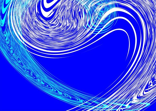 Blue background with white and neon turquoise abstract waves in motion - graphic. Topics: wallpaper, card, abstraction, pattern, texture, image, art of computer