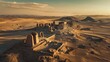 Ancient stone ruins in a desert with mountains in the background at sunset. Historical exploration and adventure concept