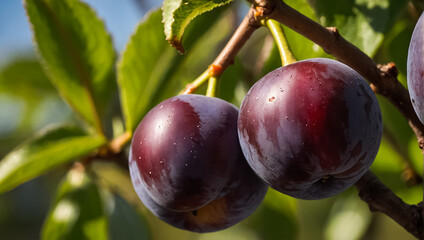 Wall Mural - ripe plum on a branch against the background of the garden