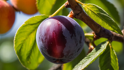 Wall Mural - ripe plum on a branch against the background of the garden
