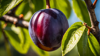 Wall Mural - ripe plum on a branch against the background of the garden sunlight