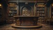 Classic Mahogany Wood Podium, front view focus, with an Antique Library Background, ideal for distinguished book launches.