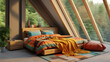 Modern bedroom interior with large windows overlooking forest landscape. Wooden bed with colorful bedding, bedside table, plants, and large orange rug on the floor.
