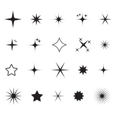 Wall Mural - Minimalist twinkle star shape symbols. Shining star icons, abstract sparkle black silhouettes. Modern geometric elements, shining star icon set. Set of twinkling star vector.