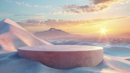 Poster - A sleek Minimalist Sand Podium stands out against the vibrant backdrop of a Desert Burning Man Festival, perfect for avant-garde product showcases.