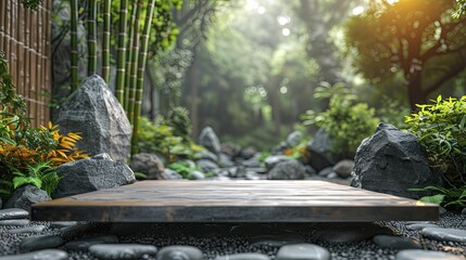 Sticker - Enhance your mindfulness experience with a serene Bamboo Podium against a tranquil Zen Rock Garden backdrop.