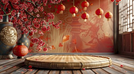 Wall Mural - Traditional Bamboo Podium, front view focus, with a Lively Chinese New Year Celebration Background, ideal for cultural gift product displays