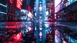 a neon-lit mega city, where the dazzling lights reflect off puddles on the streets