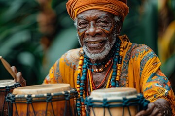 A vibrant, joyous African percussionist playing traditional drums with a radiant smile