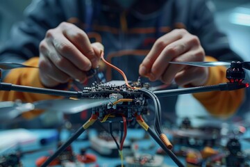 Canvas Print - A technician is carefully installing a tiny high-precision sensor into a drones body