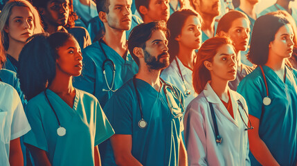 Wall Mural - A group of people in medical uniform, a rally of doctors with the unity and determination of healthcare professionals. Concept: medical workers, strike or social issues in health and clinics