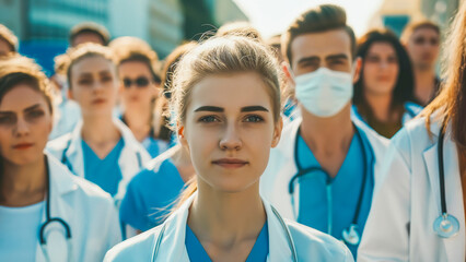 Wall Mural - A group of people in medical uniform, a rally of doctors with the unity and determination of healthcare professionals. Concept: medical workers, strike or social issues in health and clinics