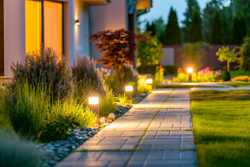 Modern gardening landscaping design details. Illuminated pathway in front of residential house. Landscape garden with ambient lighting system installation highlighting flowers plants. Late evening