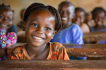 Portrait of African school girl smiling in classroom, rural village with availability of education	