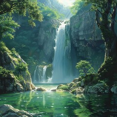  serene artwork that illustrates the coexistence of nature and water, featuring a remote waterfall inside a verdant forest.
