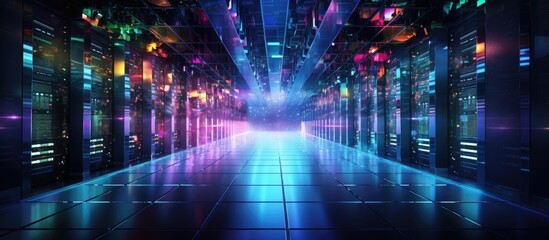 Poster - A dark room filled with multiple servers and illuminated by numerous bright lights