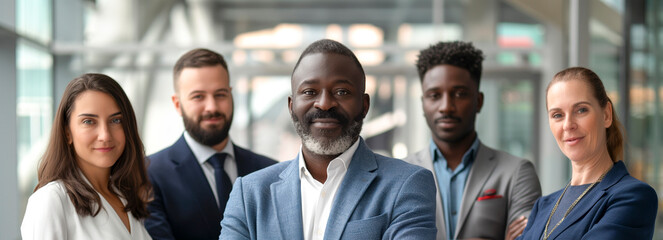 Portrait shot diverse group of business professionals. Modern multi-ethnic business team standing and looking at camera