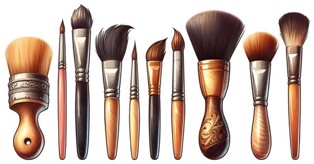 Makeup brushes set isolated on a transparent background.