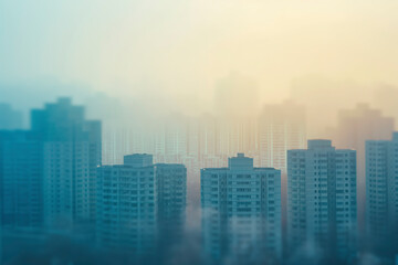 Smog city from PM 2.5 dust, Cityscape of buildings with bad weather and air pollution. Toxic haze in the city, Unhealthy air pollution dust, environment, Blurred image