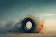 A photograph capturing a massive tire engulfed in a mesmerizing display of fiery flames, Visual metaphor of an inflating tire losing air, symbolising deflation, AI Generated