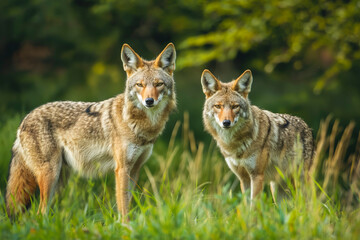 Wild coyotes standing in prairie grass in nature found throughout North America. They're known for their distinctive yipping and howling sounds