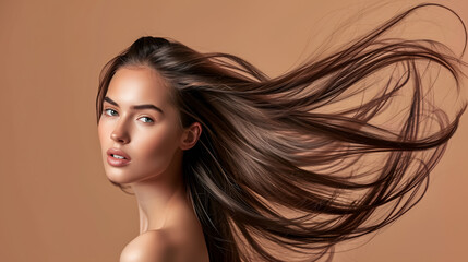 Beautiful woman modeling her long, shiny, silky hair