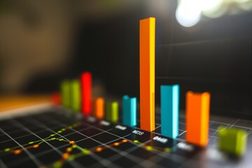 Poster - A detailed view of a bar chart placed on a table, showcasing data through precise and visually appealing bars, A bar chart showing net revenue from various trading platforms, AI Generated