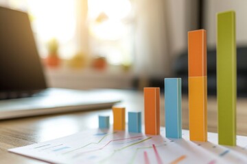 Poster - A laptop computer sitting on top of a sturdy wooden table, A bar graph of quarterly ROI for startup investors, AI Generated