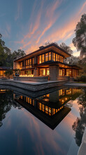 At Twilight, A Craftsman House Beside A Tranquil Reflective Infinity Pool, The Sky And Water Merging At The Edge