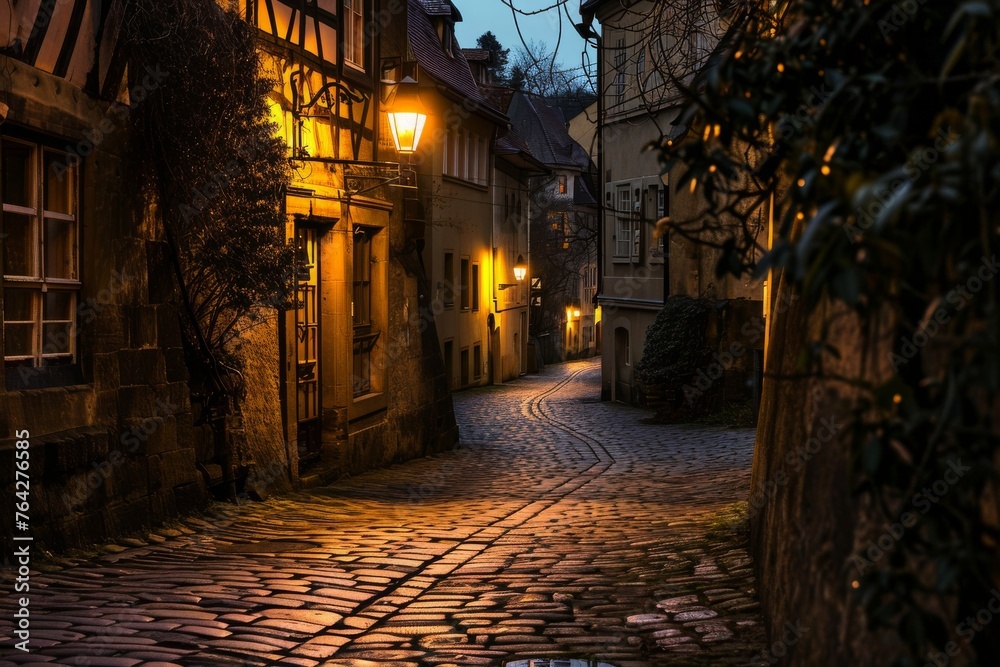 Cobblestone Street at Night With Illuminated Lights, A charming ...