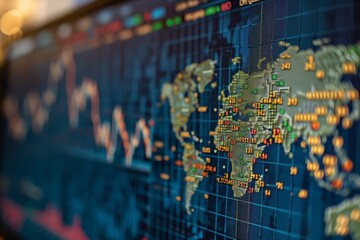 Poster - A computer screen displaying a detailed map of the world, showing continents, countries, and major cities, A chart reflecting global stock market trends, AI Generated