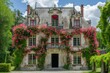 A large house adorned with an abundance of flowers in a variety of vibrant colors, A chateau decorated with roses and heart-shaped wreaths, AI Generated