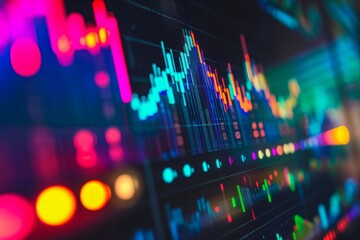 Poster - Close Up of Computer Screen With Colorful Lights, A chart tracking daily trading volumes in stock exchanges, AI Generated