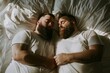 two cute portly and stocky with beard and buzz-cut hairstyle, cuddling each other, sleeping in a bed
