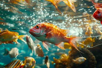 Poster - A bustling aquarium filled with a vast collection of fish swimming together, A colorful underwater scene portraying diverse fish species being lured by a fishing line, AI Generated