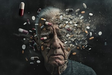 Wall Mural - An elderly man with a plethora of pills protruding from his head, emphasizing medication and health issues, A conceptual portrait showing the aging effect of opioid abuse over time, AI Generated